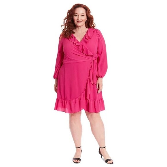 LONDON TIMES NWT Hot Pink Midi Faux Wrap Dress Plus Size 16W Ruffles Long Sleeve - Picture 1 of 11